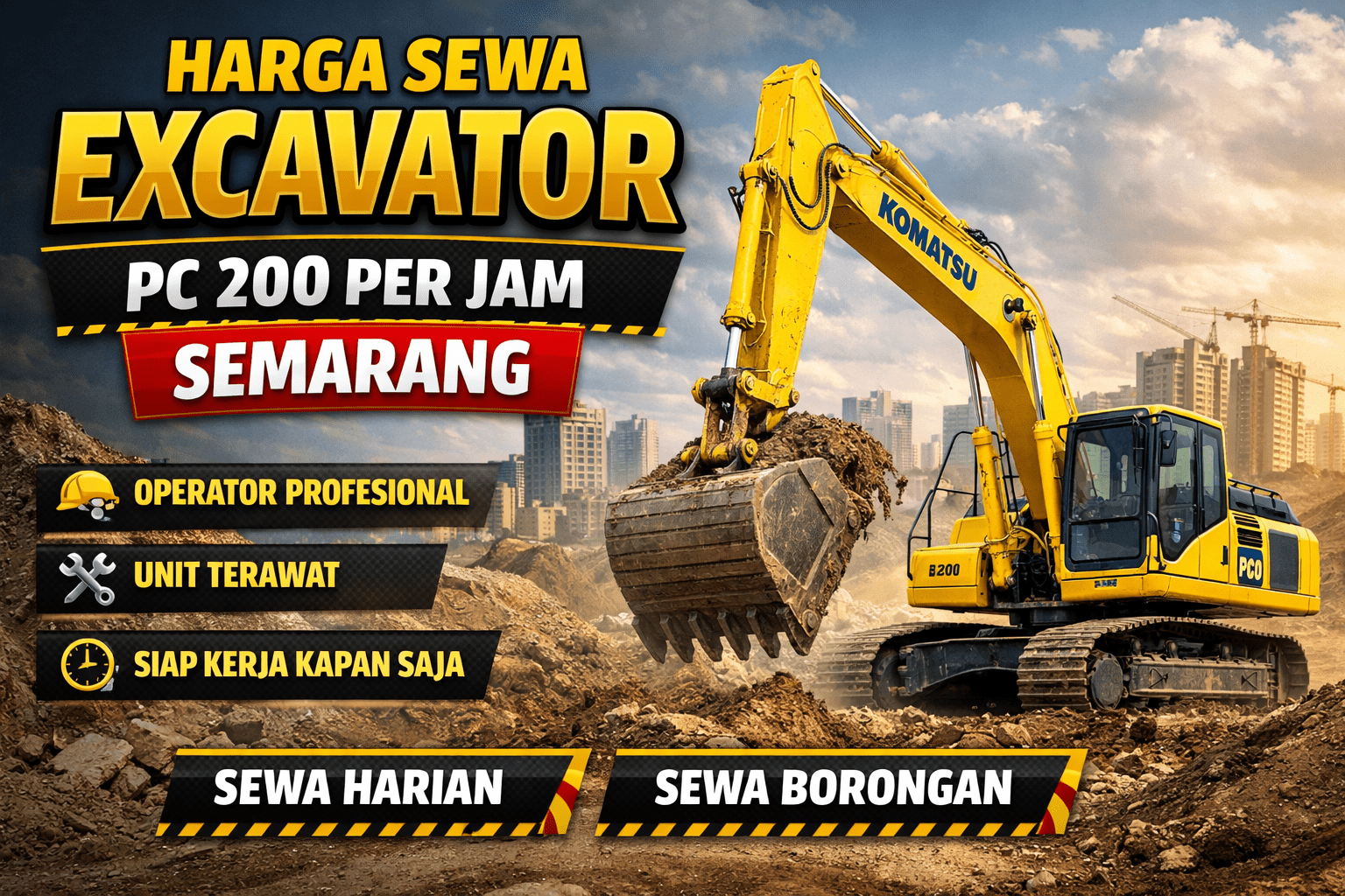 Excavator PC 200 disewakan untuk proyek konstruksi, kuat, efisien, siap pakai